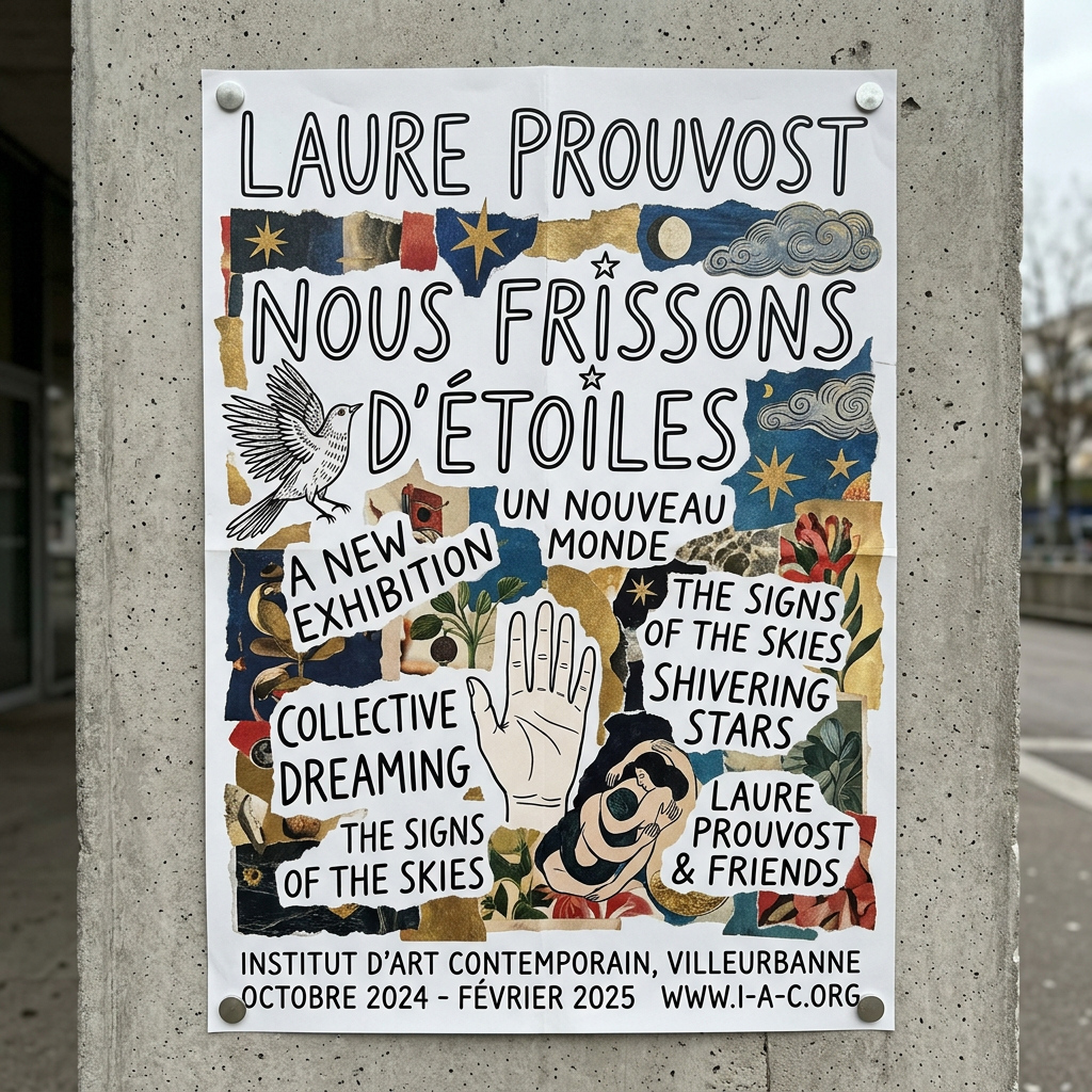 Poster for Laure Prouvost's exhibition with star motifs, hand illustration, and exhibition details